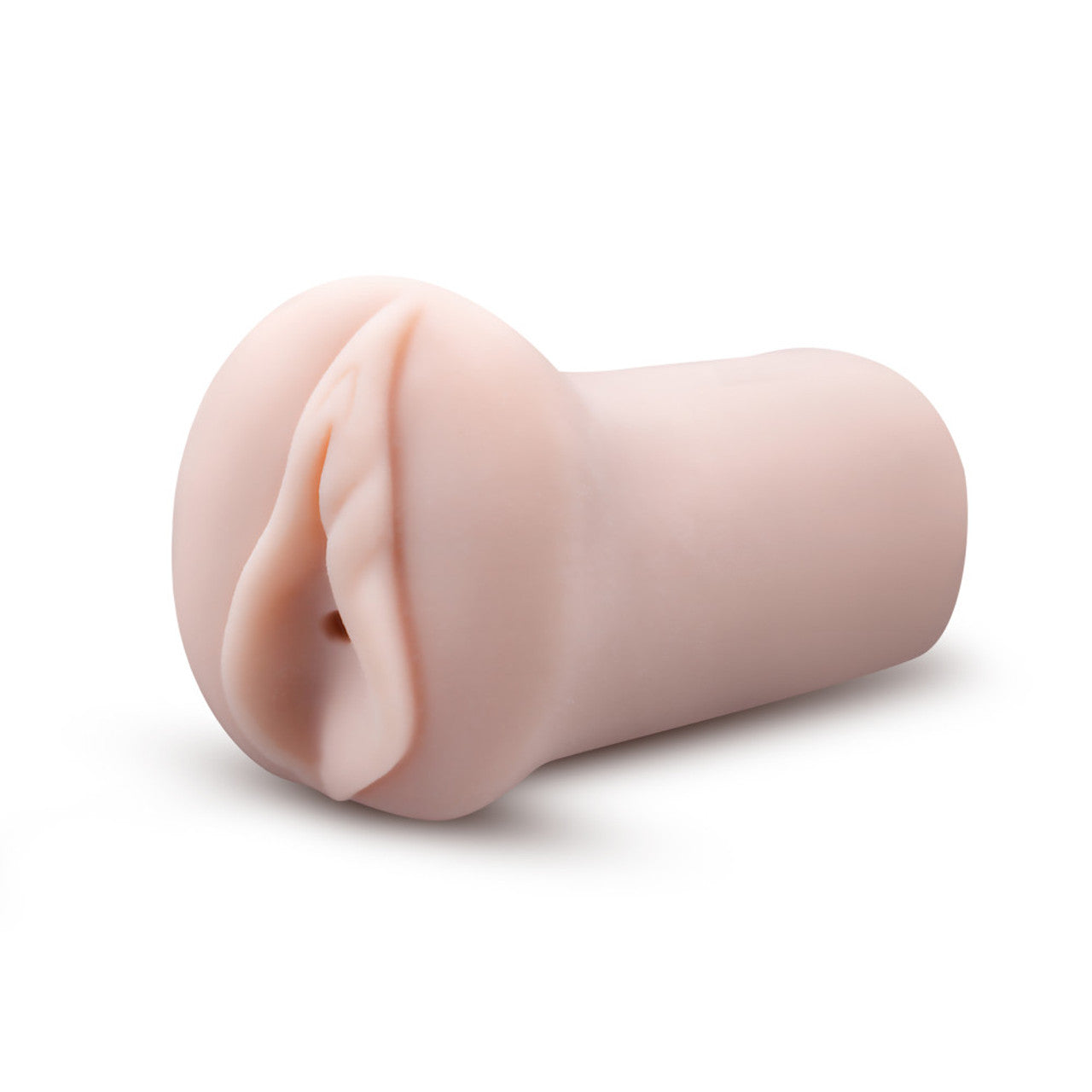 A pink ribbed male stroker with an open end.
