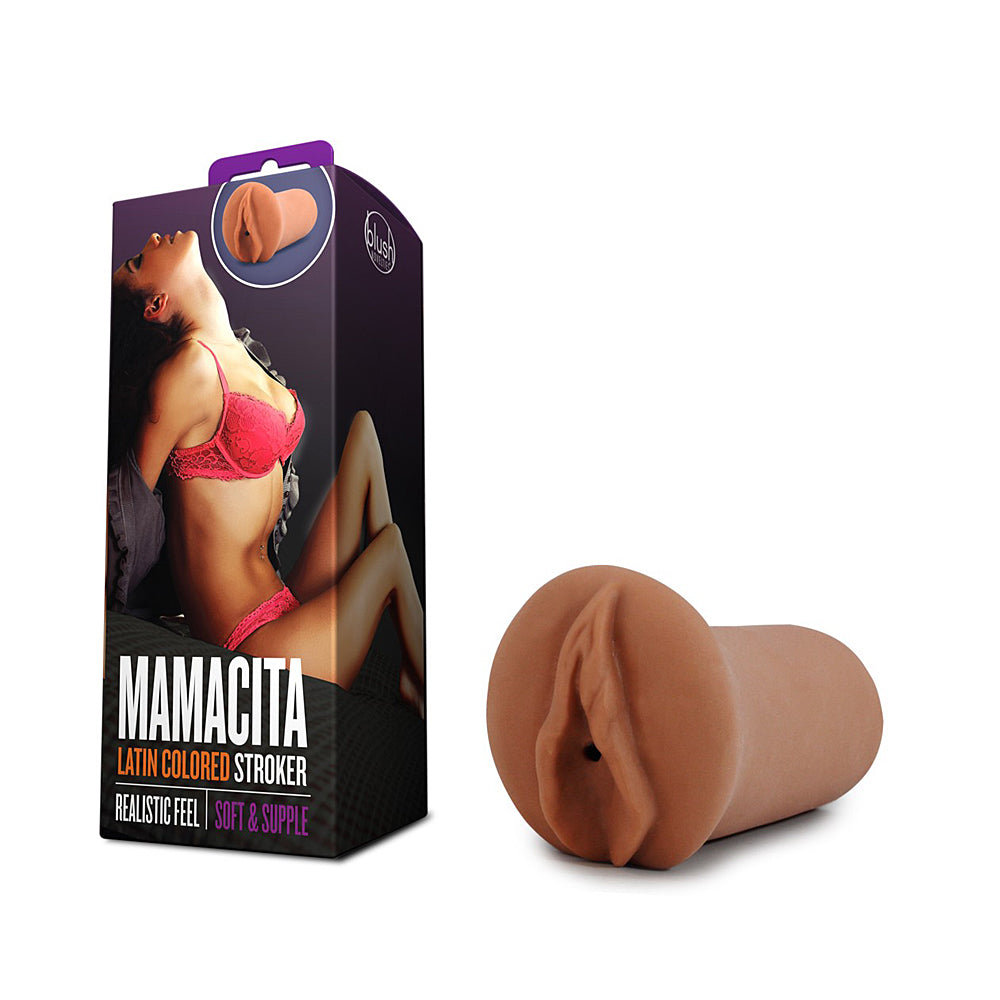 Mamacita X5 ribbed open-ended stroker in blush color with realistic texture.