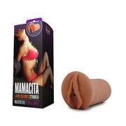 Mamacita X5 ribbed open-ended stroker in blush color with realistic texture.