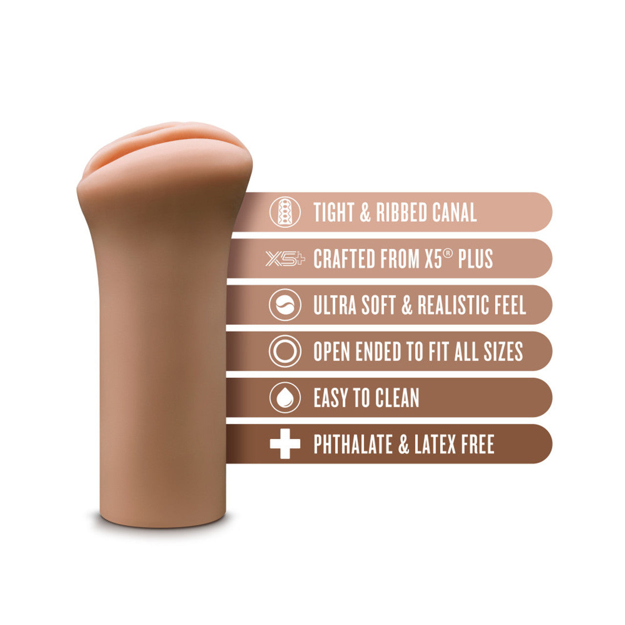 Tan open-ended male stroker made from X5 Plus material with ribbed interior and easy-clean design.