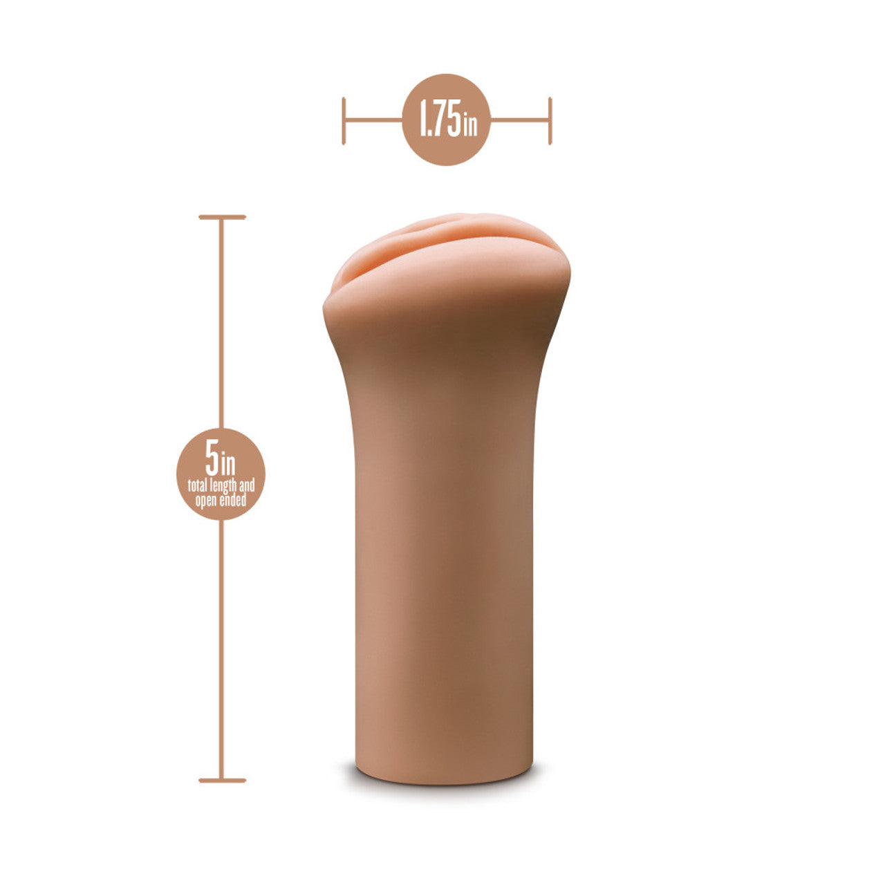 Tan open-ended male stroker with 5 inch length and 1.75 inch width.