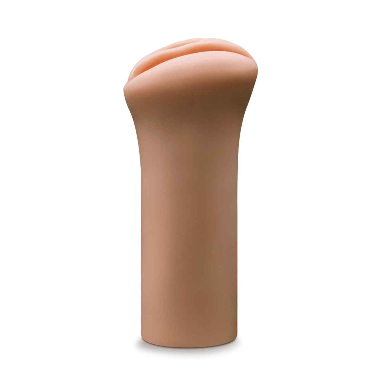 Tan open-ended male stroker with a ribbed interior.