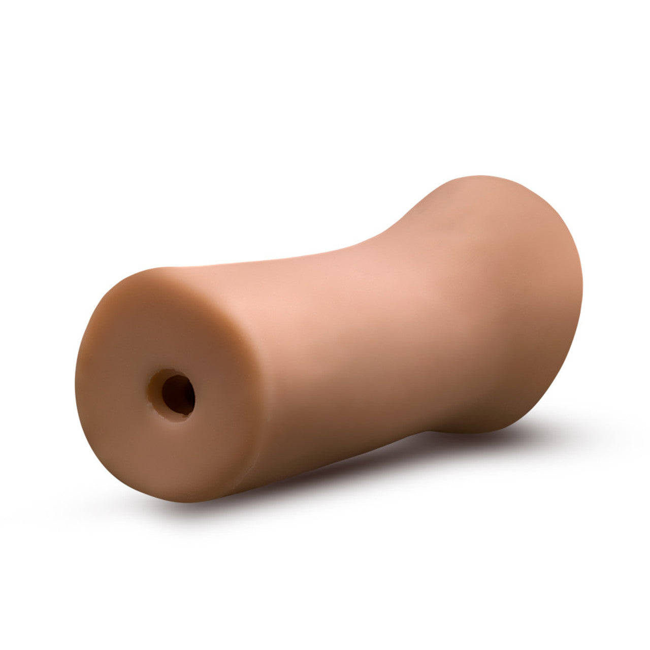Tan open-ended male stroker with a ribbed interior.