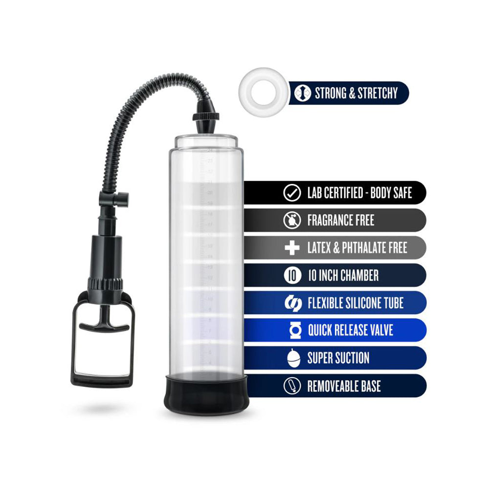 A clear cylinder pump with a black handle and hose, featuring measurement markings and product features.