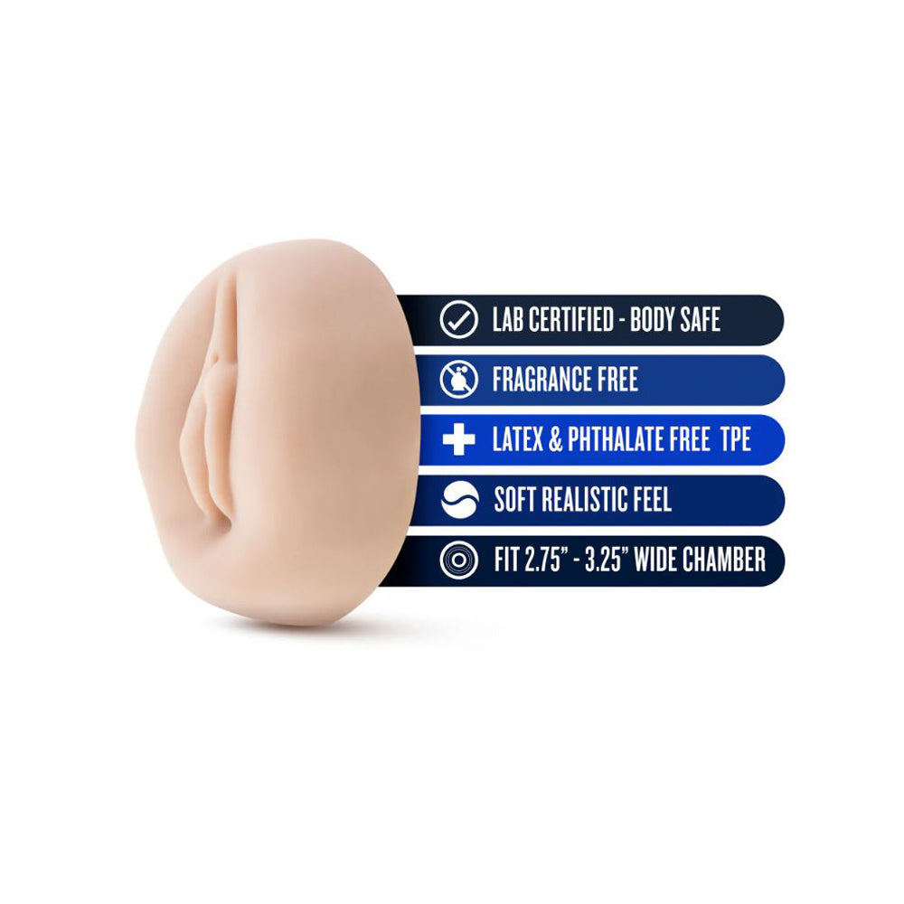 A blush-colored male enhancement pump with a realistic feel and body-safe features.