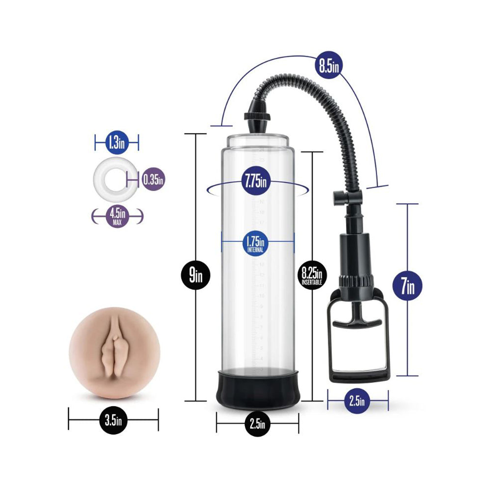 A male enhancement pump with a clear cylinder, hose, handle, and a flesh-colored insert.