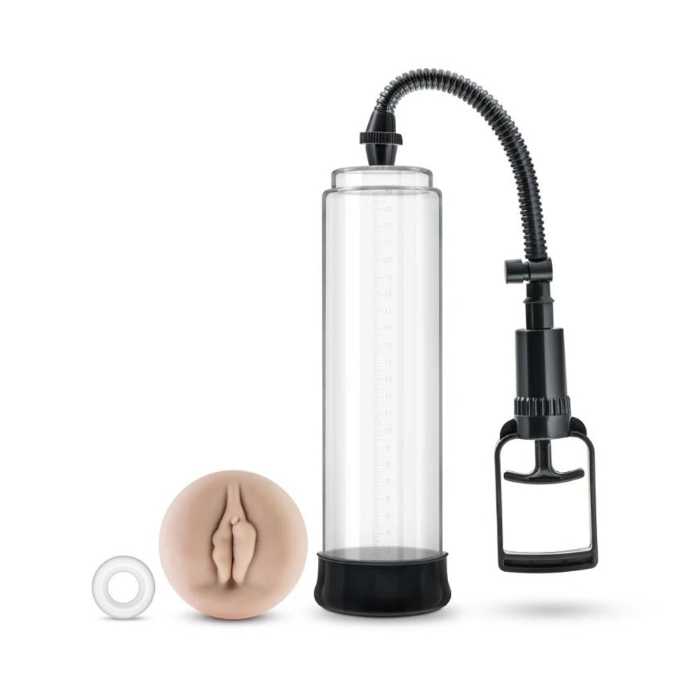 A male enhancement pump with a clear cylinder, pump, and a realistic sleeve.