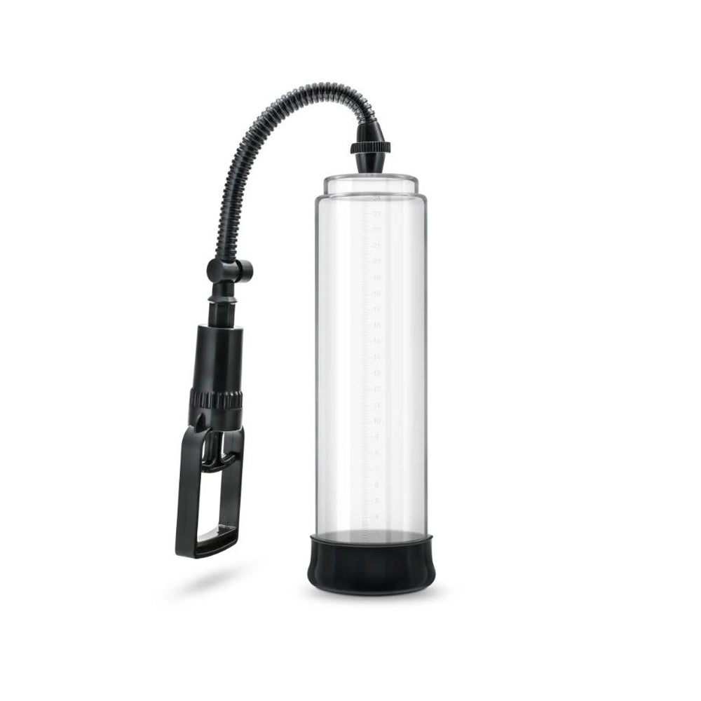 Clear cylinder pump with black handle and hose.