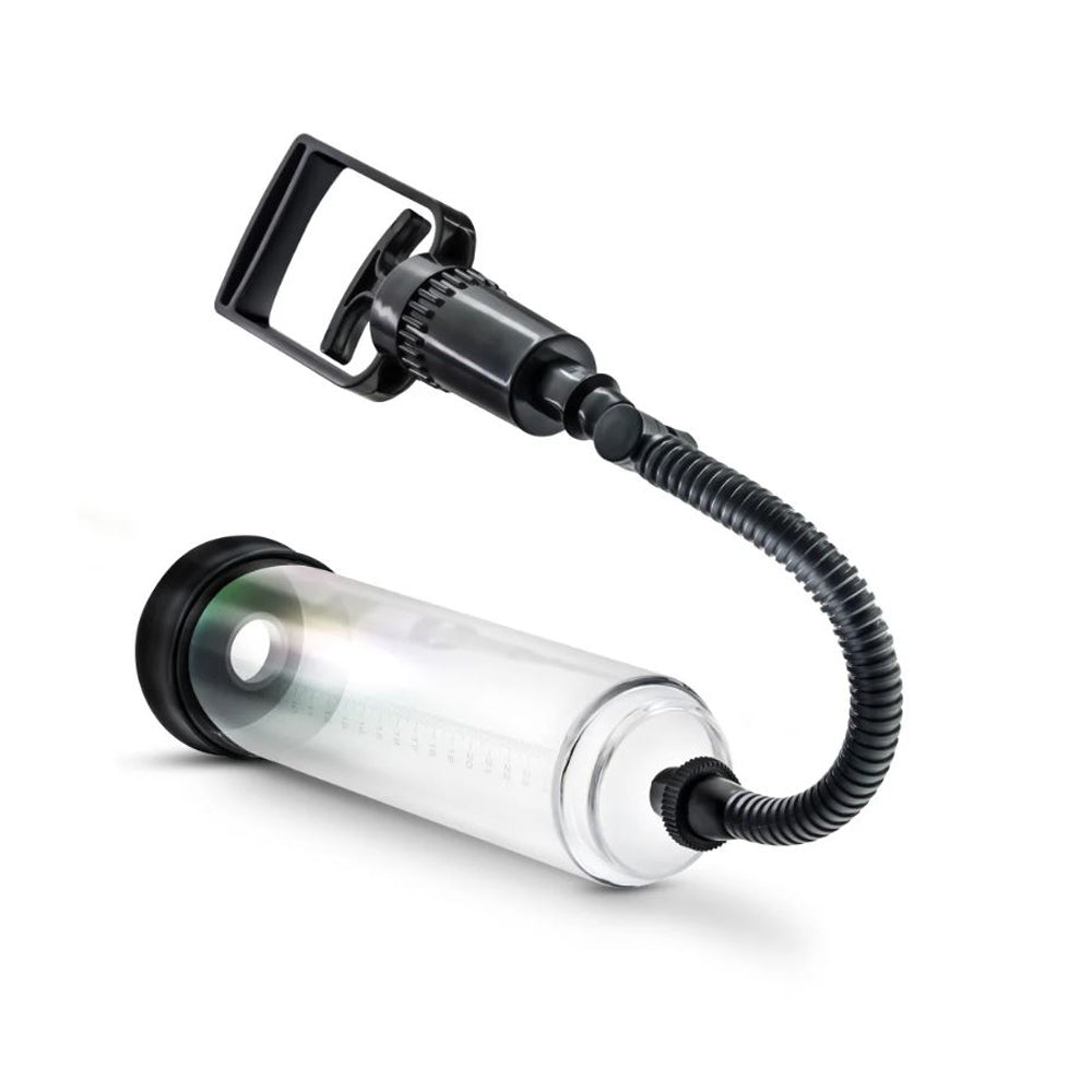 Clear cylinder pump with black handle and ribbed hose.