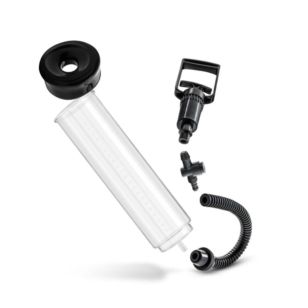 A clear cylinder pump with a black handle, hose, and connectors.
