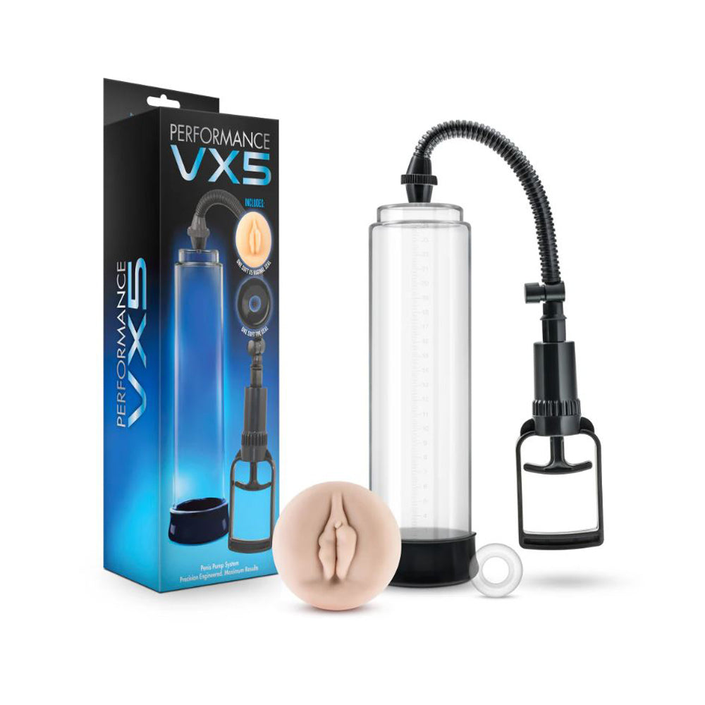 A penis pump with a clear cylinder, black handle, and a realistic flesh-colored sleeve.