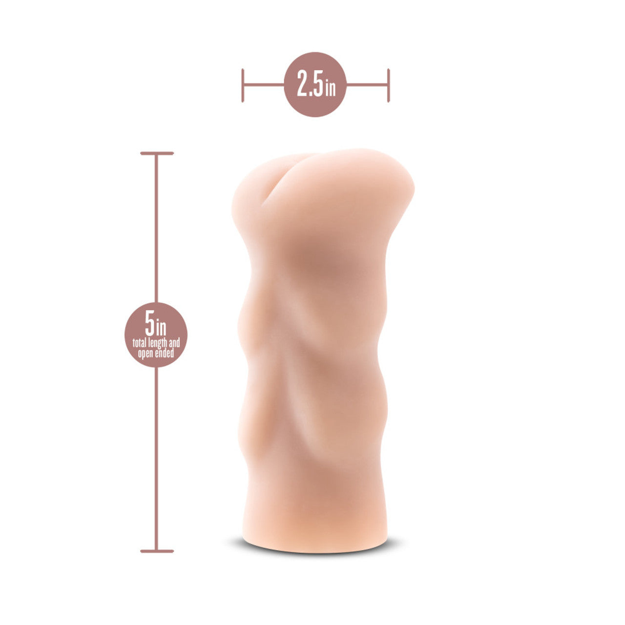 Pink anal stroker toy with open-ended design, 5-inch length, made from soft material.