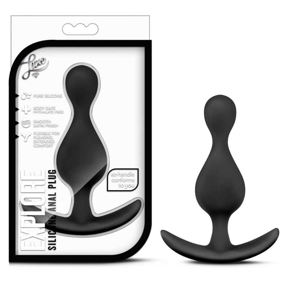 Black silicone anal plug with a flared base and a smooth, curved shape.