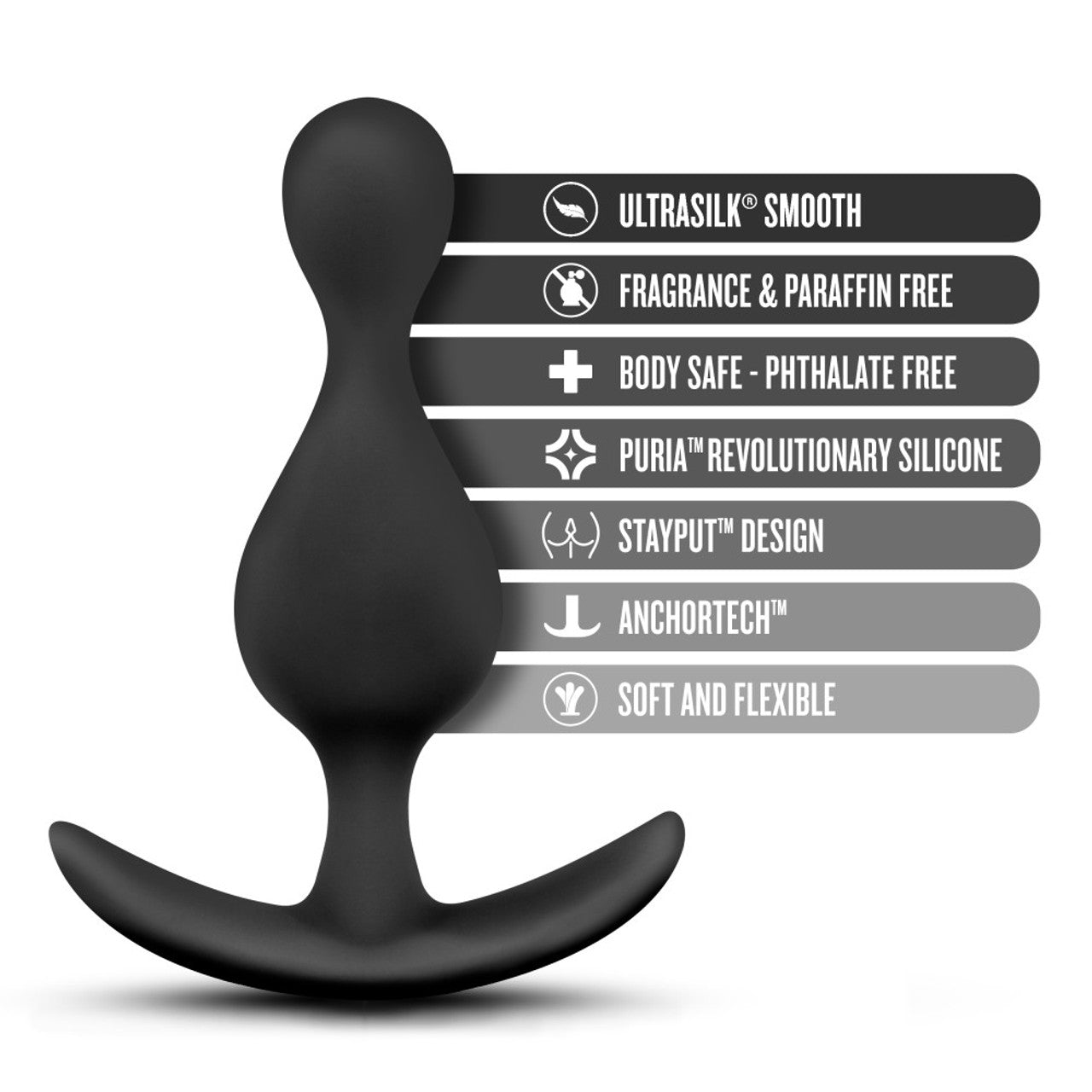 Black silicone anal plug with an EZ handle and text describing its features.
