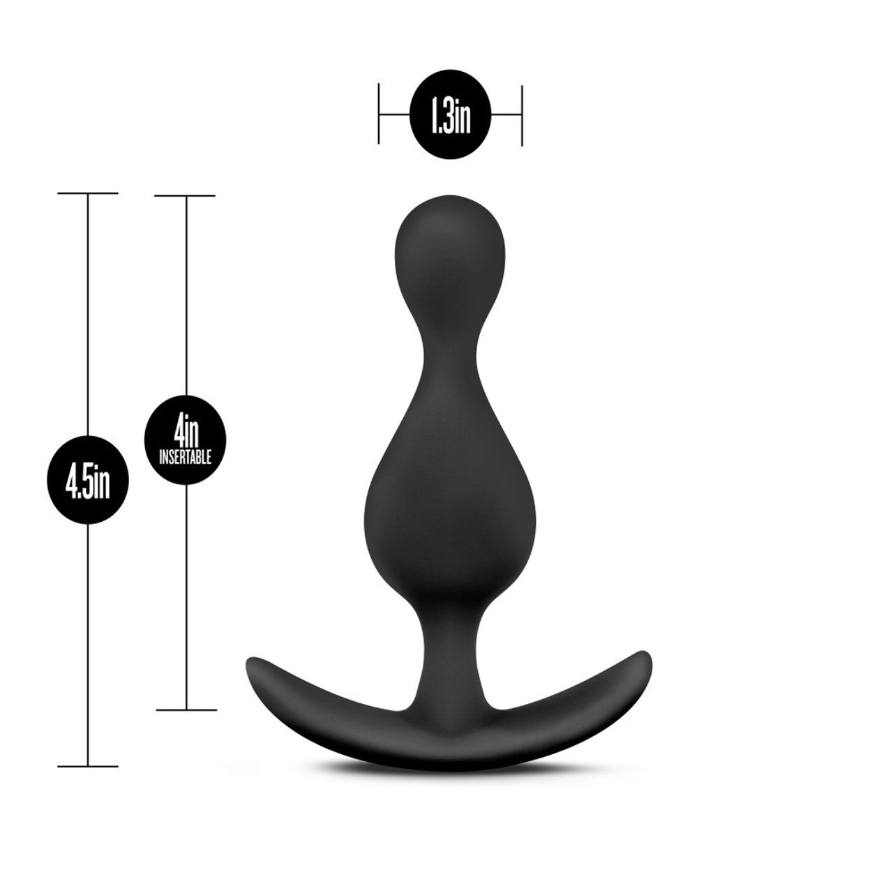 Black silicone anal plug with EZ handle, 4.5 inch length and 1.3 inch width.