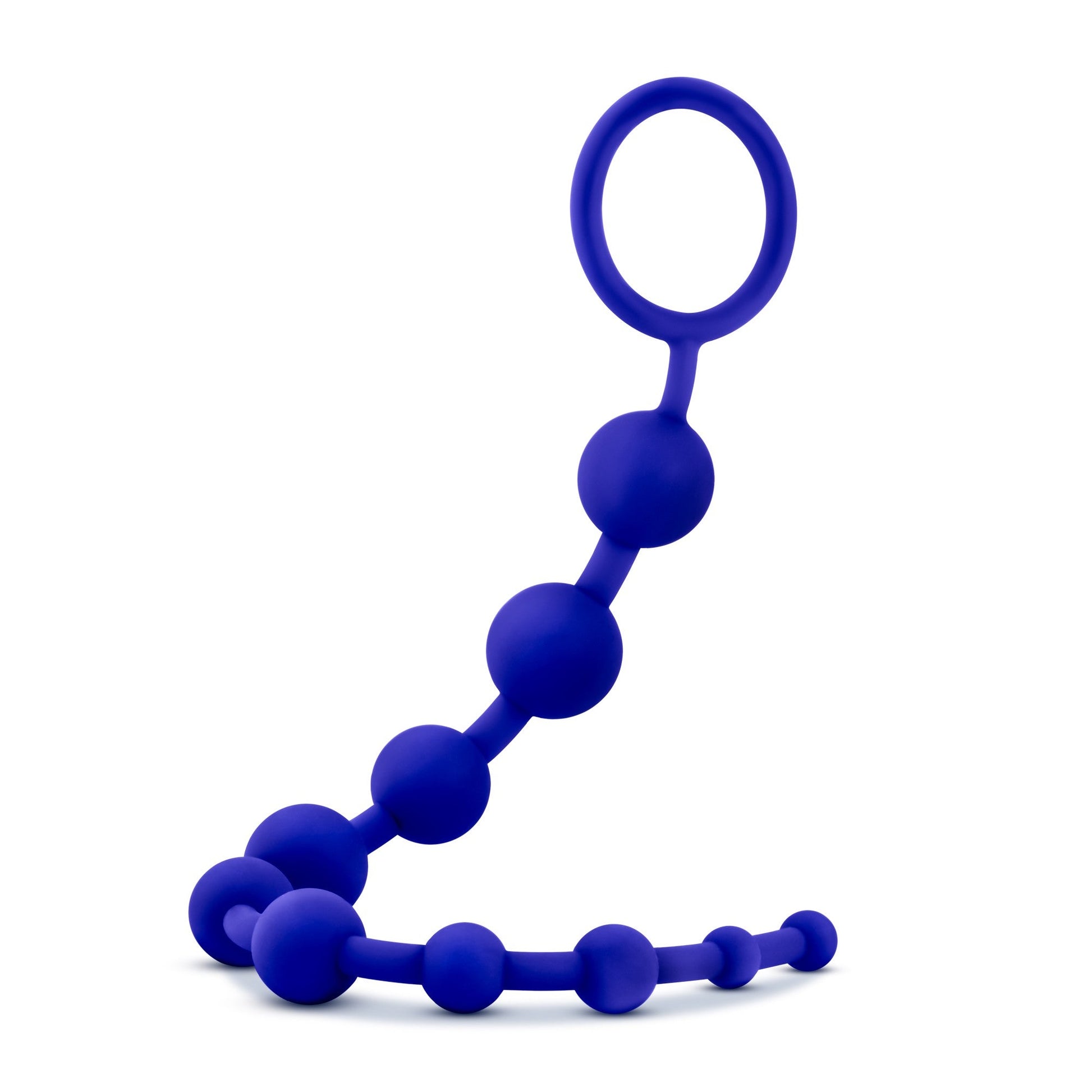 Indigo blue silicone graduating anal beads with a retrieval loop.