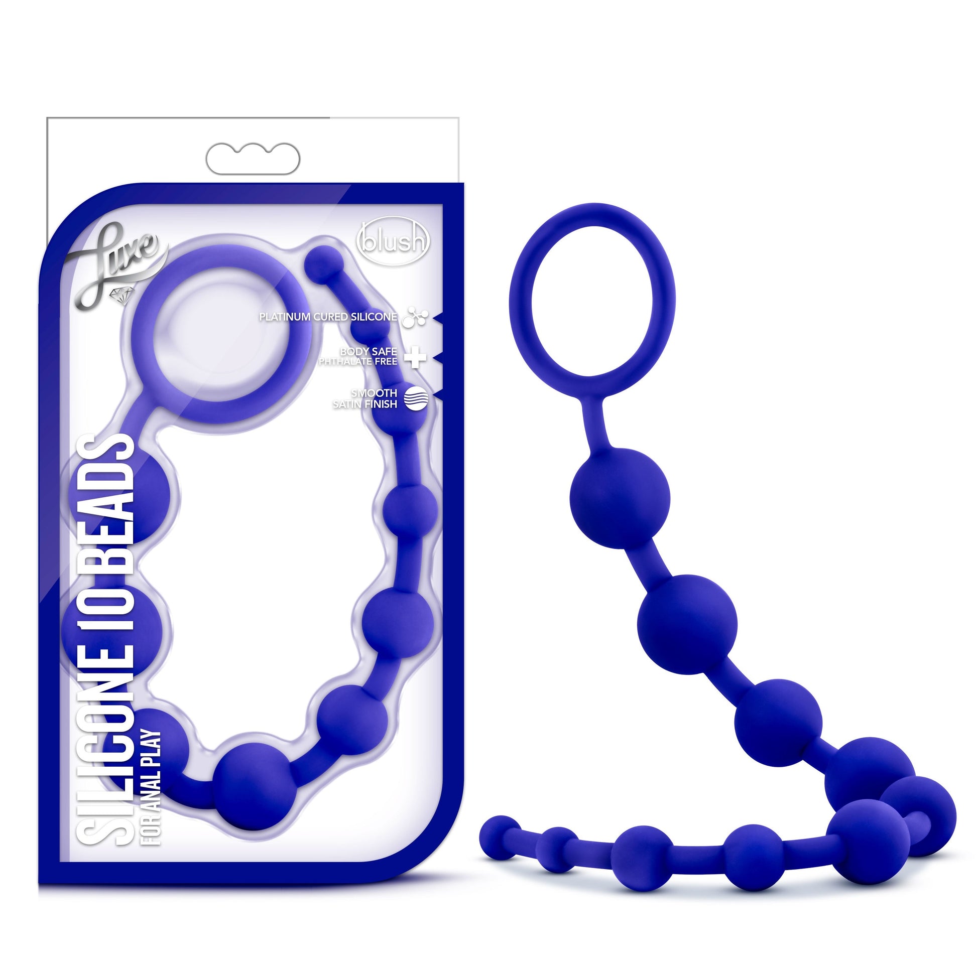 Indigo blue silicone 10 graduating anal beads with a loop.