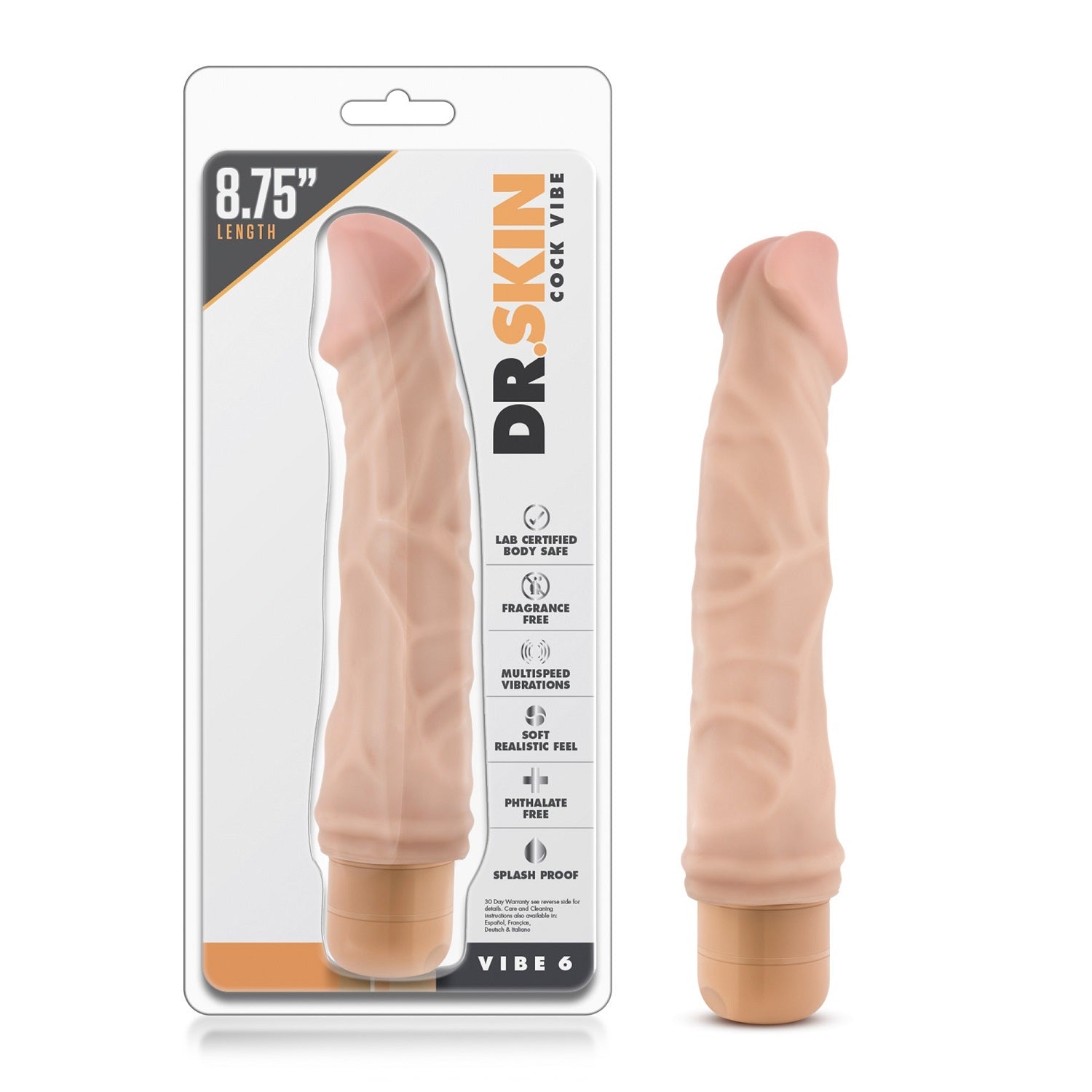 Beige realistic waterproof multi-speed vibrator, 8.75 inches long, in packaging.