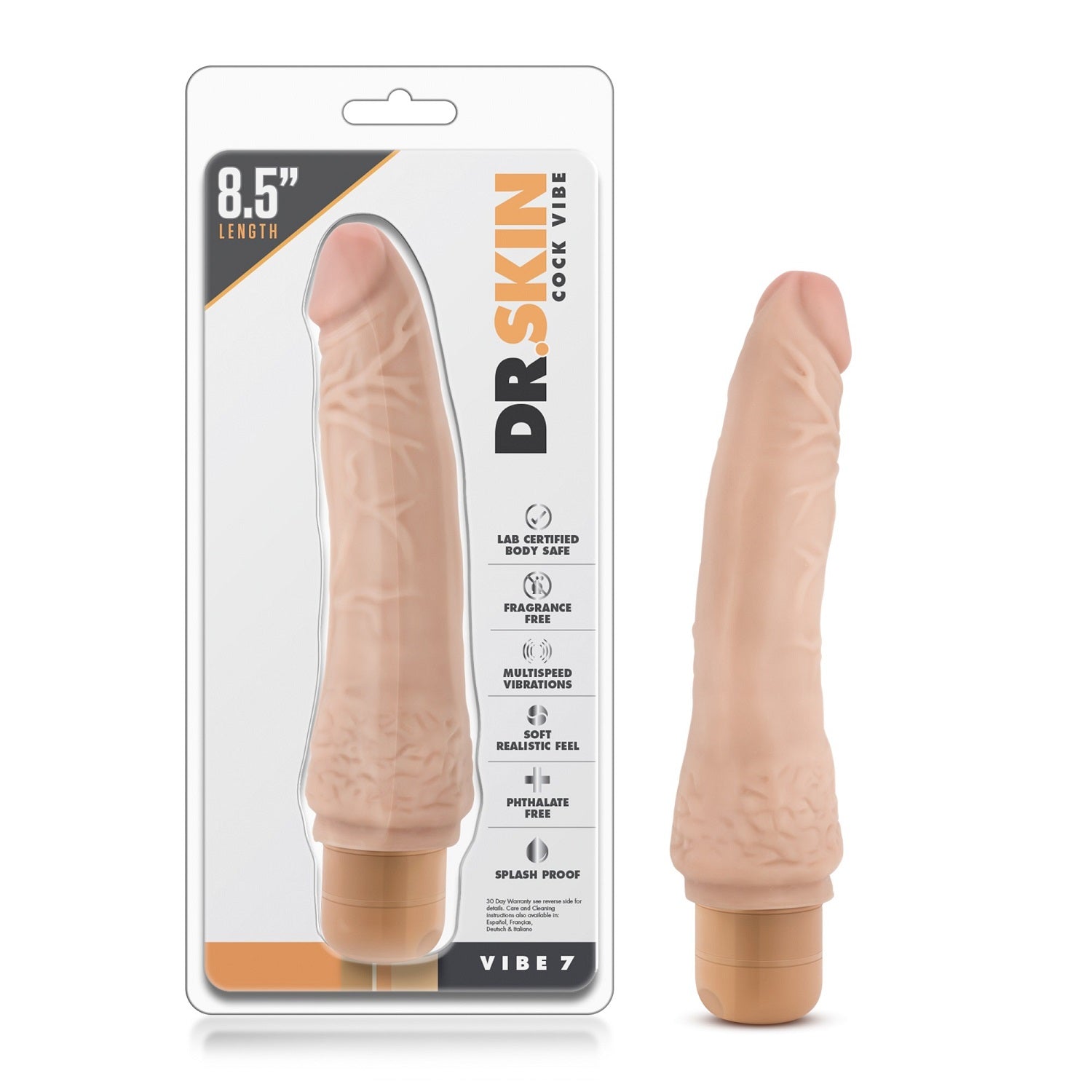 Beige realistic waterproof multi-speed vibrator in packaging, 8.5 inches long.
