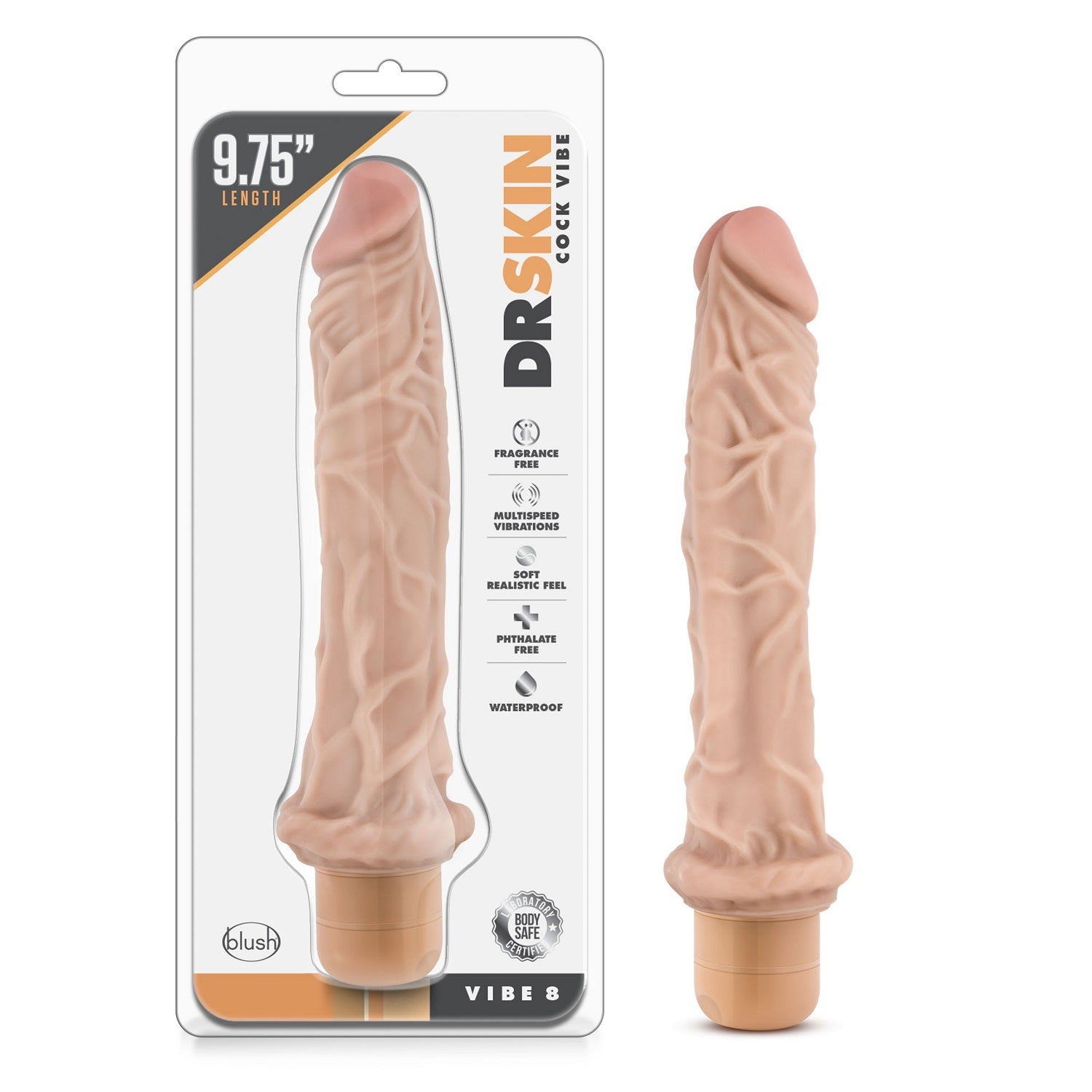 Beige realistic waterproof multi-speed vibrator, 9.75 inches long, on packaging.