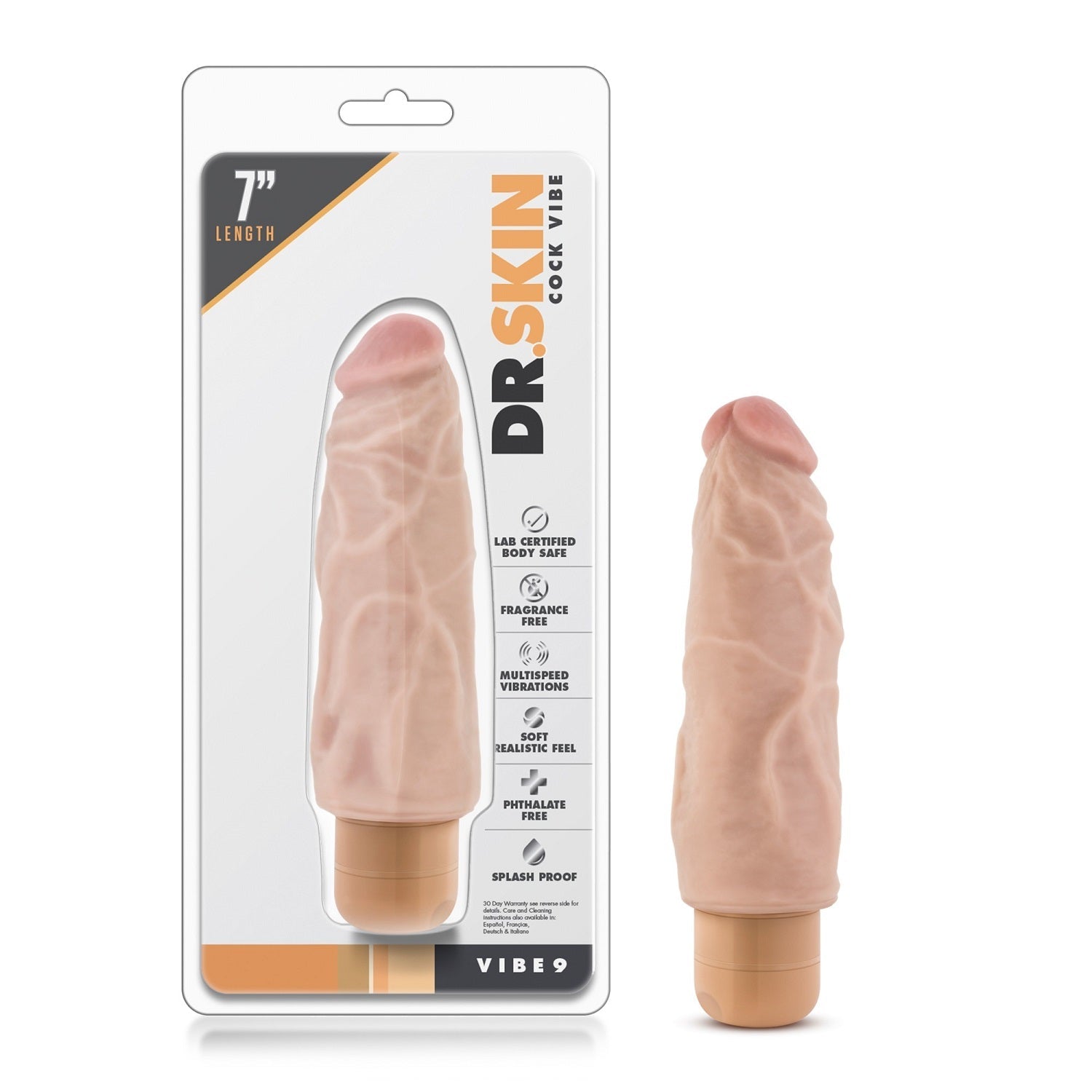 Beige realistic waterproof multi-speed vibrator, 7 inches long, in packaging.