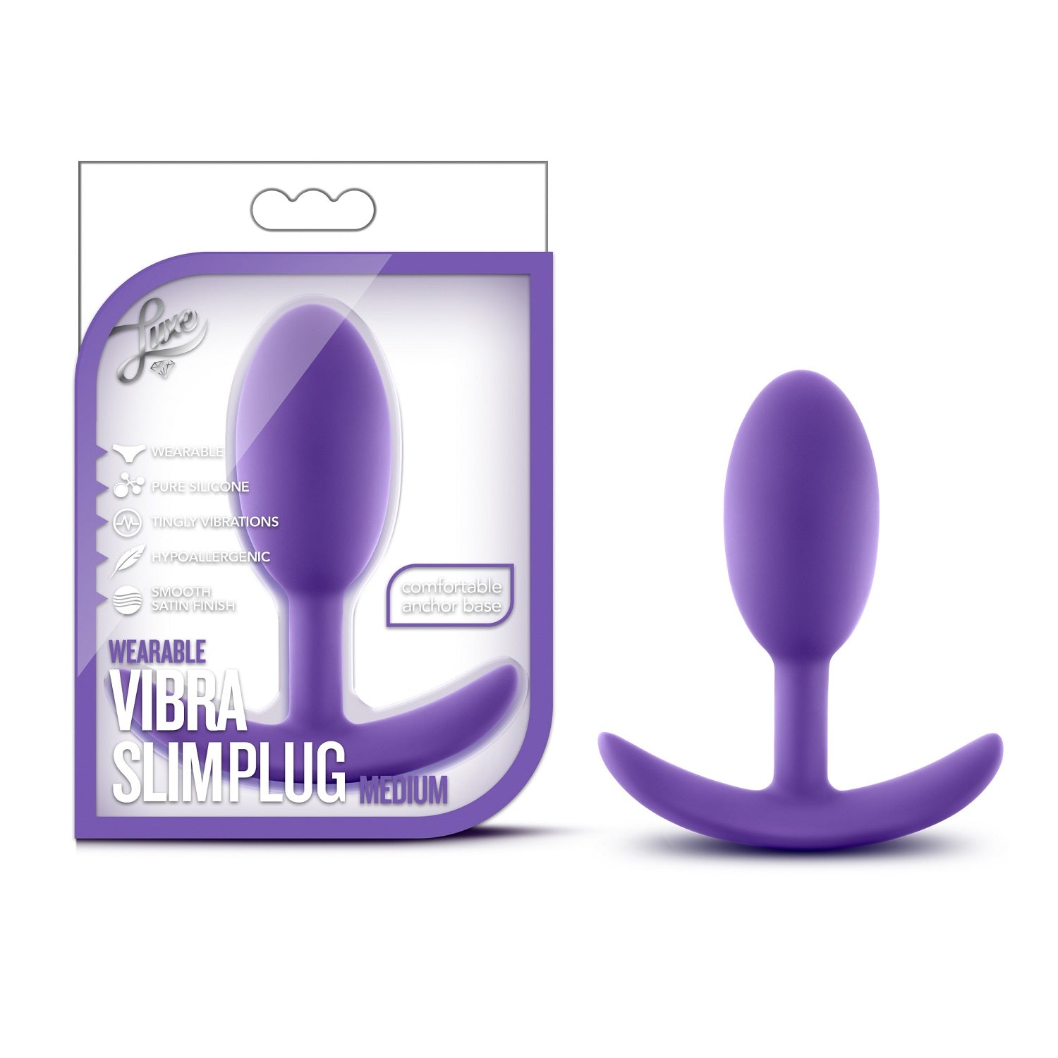 A purple wearable slim silicone anal plug with an anchor base.