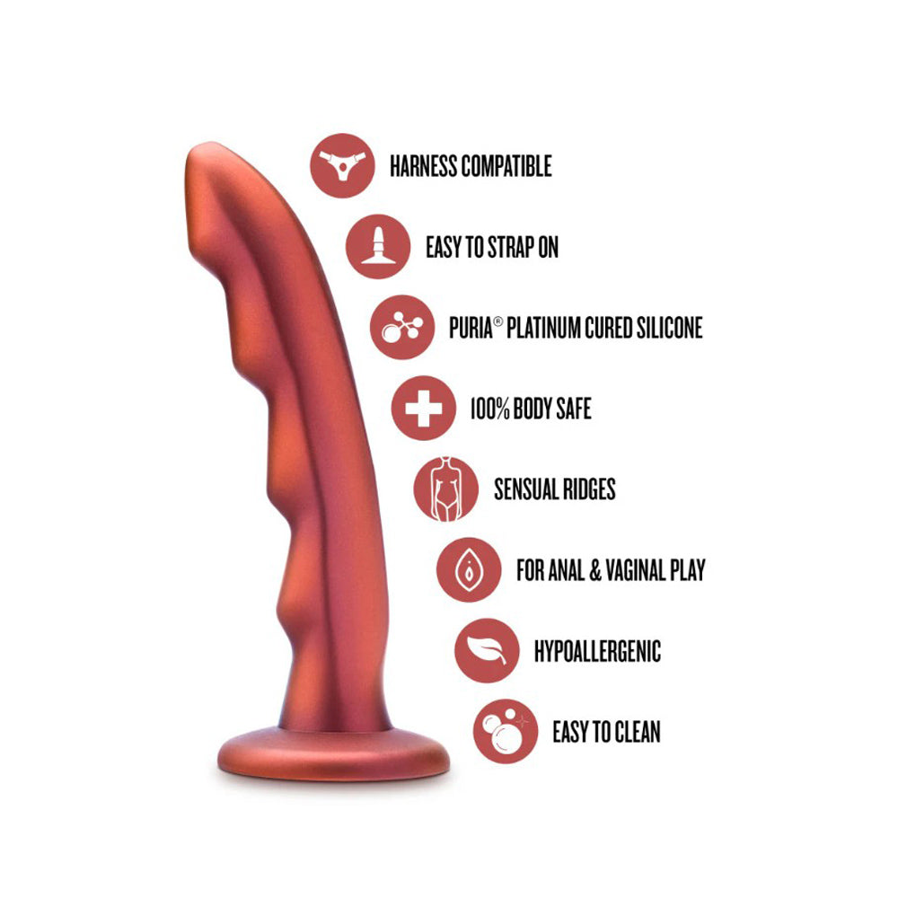 Red silicone dildo with sensual ridges, compatible with harnesses.