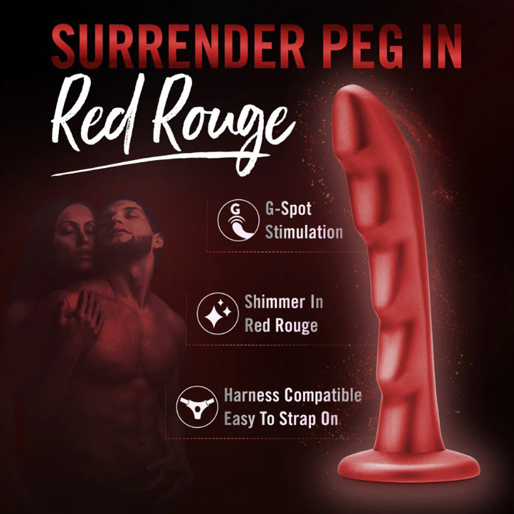 Red silicone G-spot dildo with shimmer and harness compatibility.