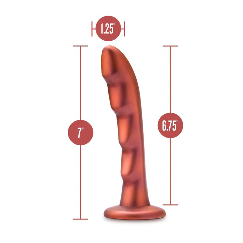Red silicone G-spot dildo with dimensions 7 inches long and 1.25 inches wide.