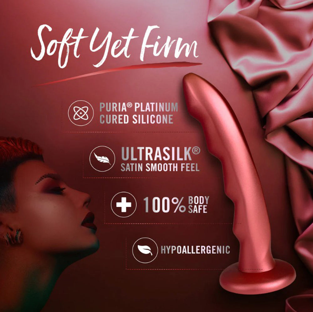 Red silicone G-spot dildo with "Soft Yet Firm" text and product features.