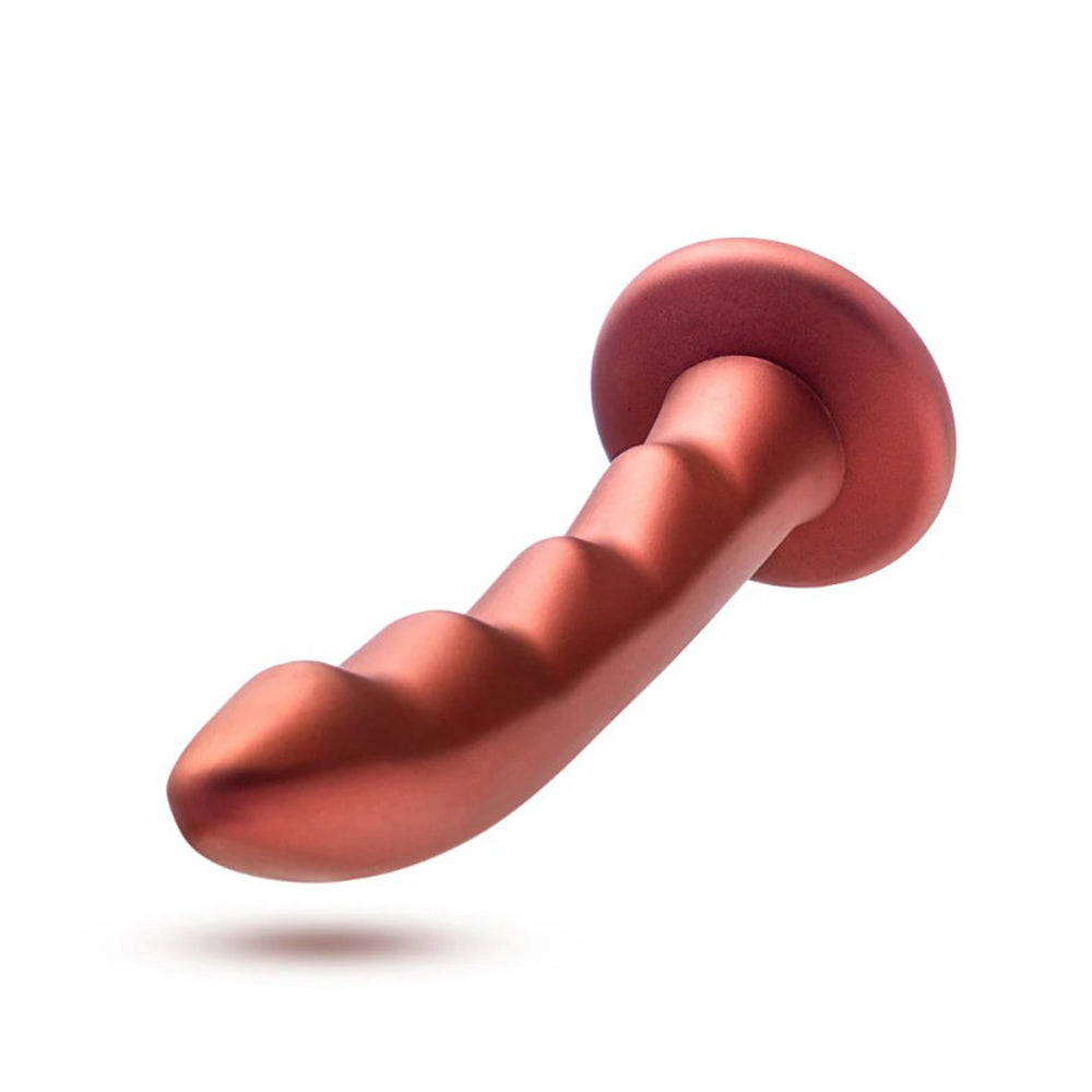 Red silicone G-spot dildo with a curved shaft and flared base.