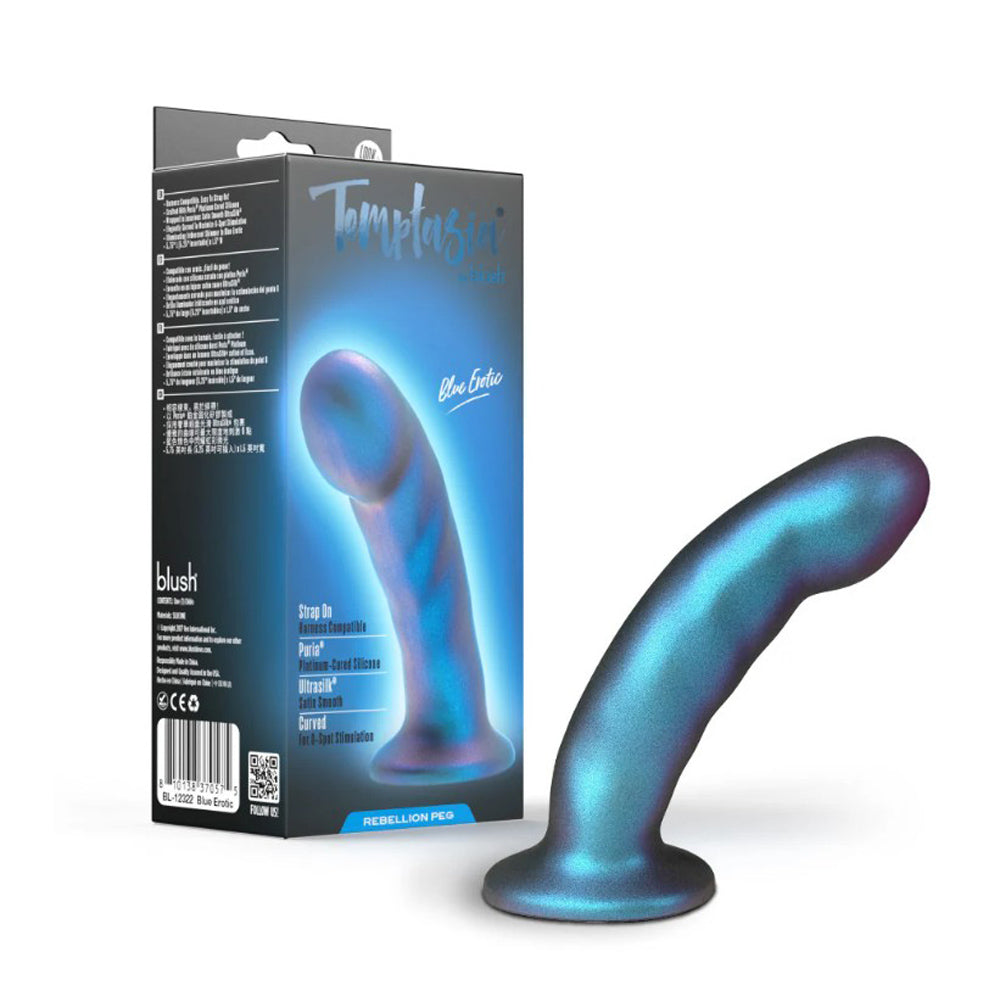 A blue, curved silicone dildo with a satin finish.