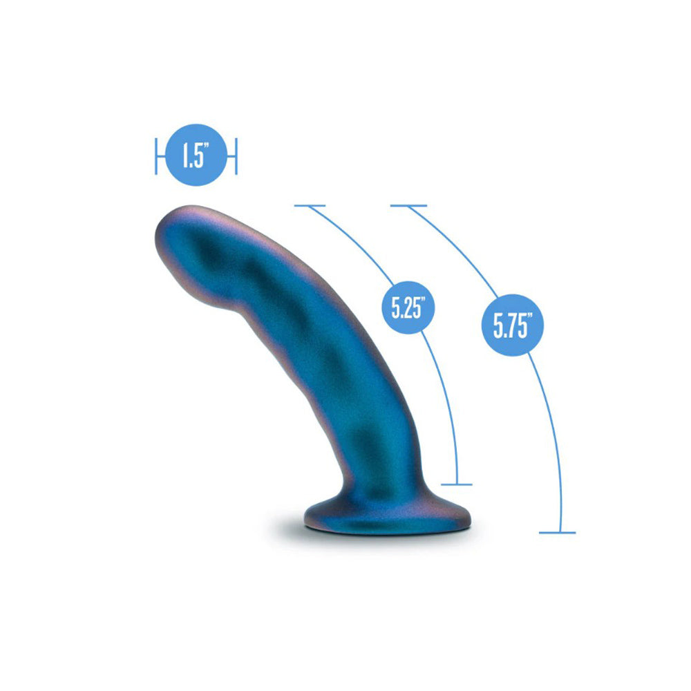 Blue silicone G-spot dildo with measurements.