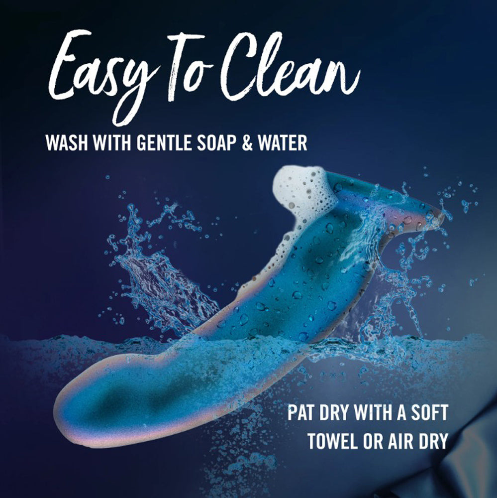 Blue silicone G-spot dildo with water splashes and cleaning instructions.