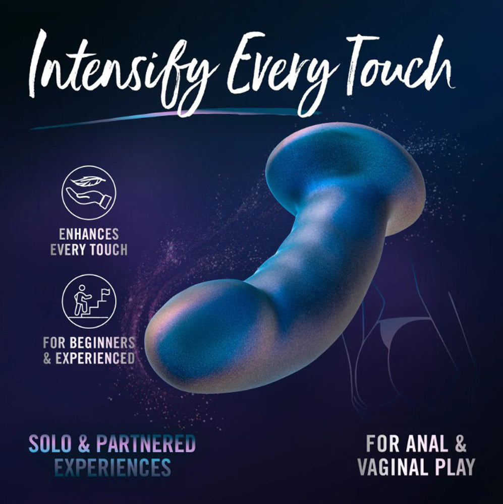 Blue silicone G-spot dildo with text about intensifying touch and play.