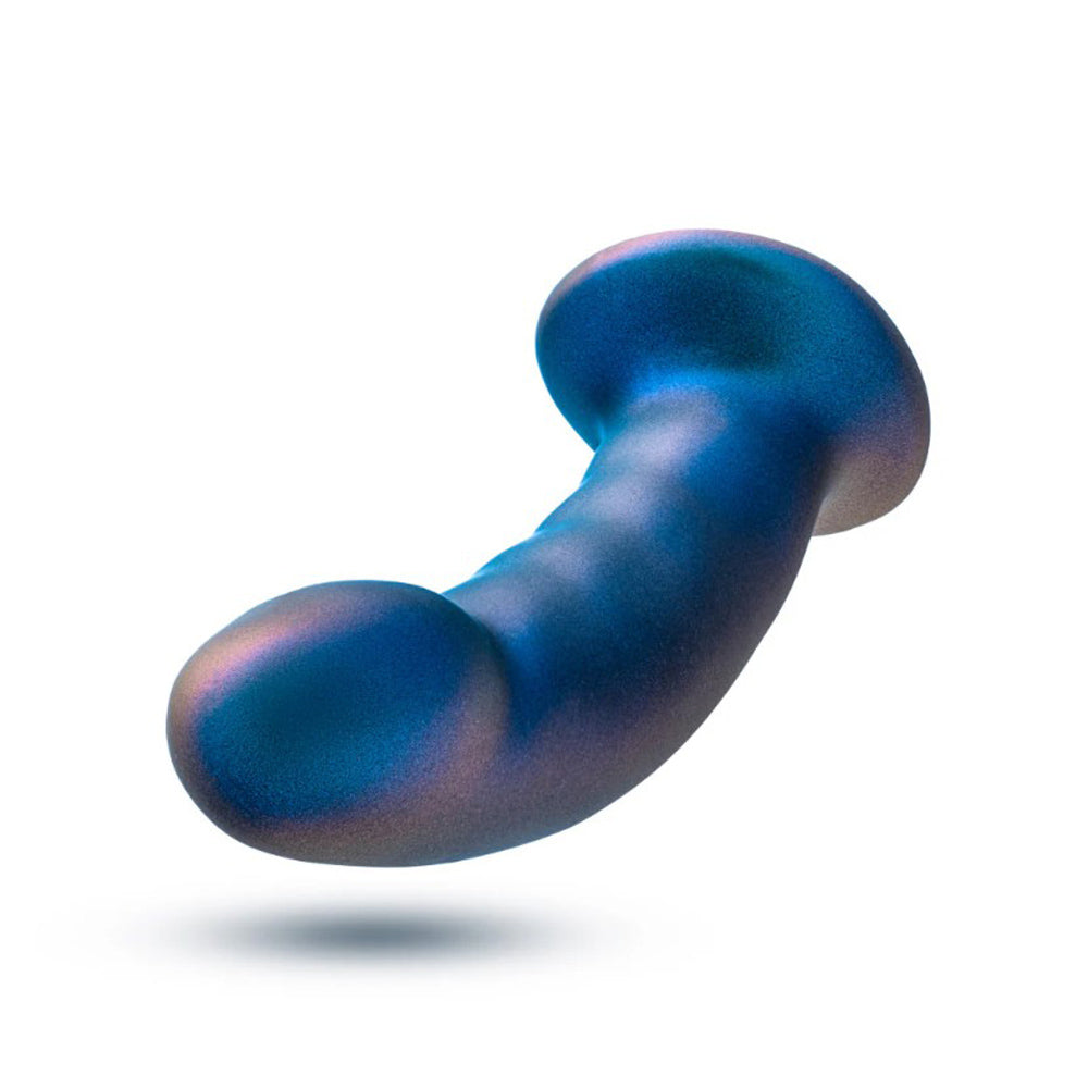 Curved blue silicone G-spot dildo with a satin finish.