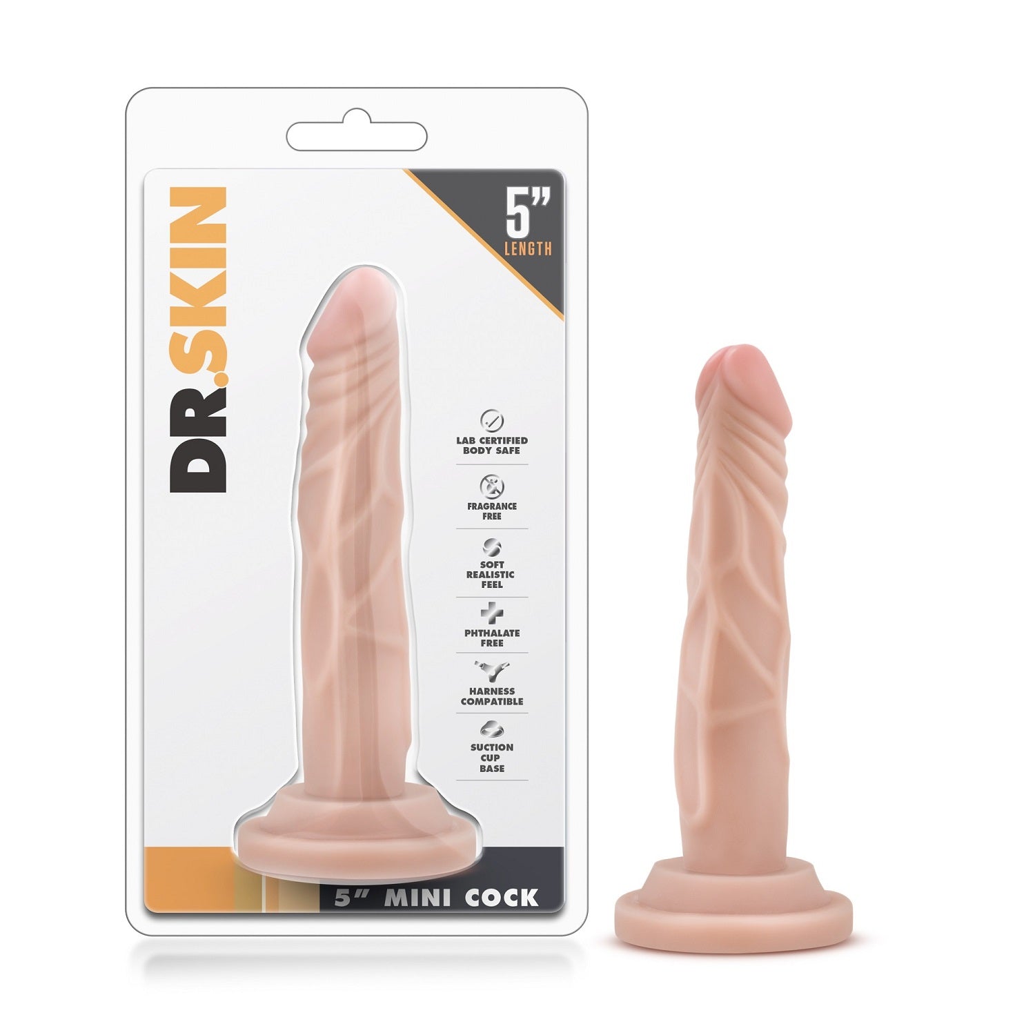 Realistic 5-inch mini dildo with suction cup base and G-spot curve in beige TPE.