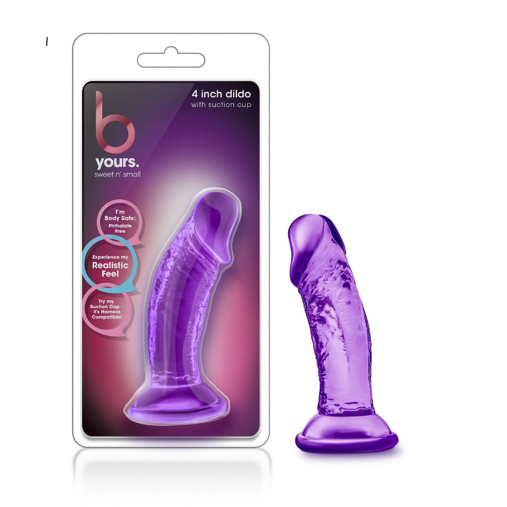 Small 4-inch purple suction cup dildo with realistic texture from Blush Novelties.