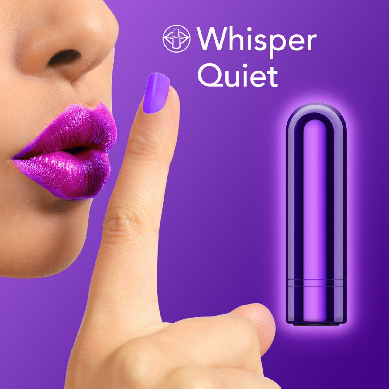 A purple mini bullet vibrator with text that says "Whisper Quiet".