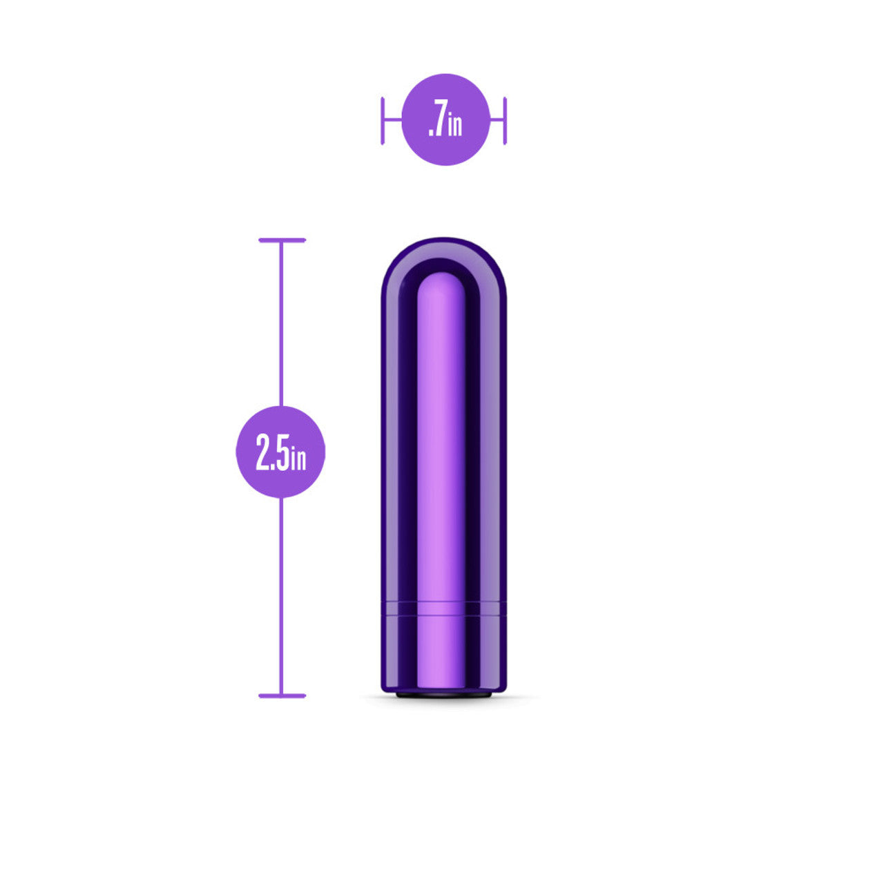 A purple bullet vibrator measuring 2.5 inches long and 0.7 inches wide.
