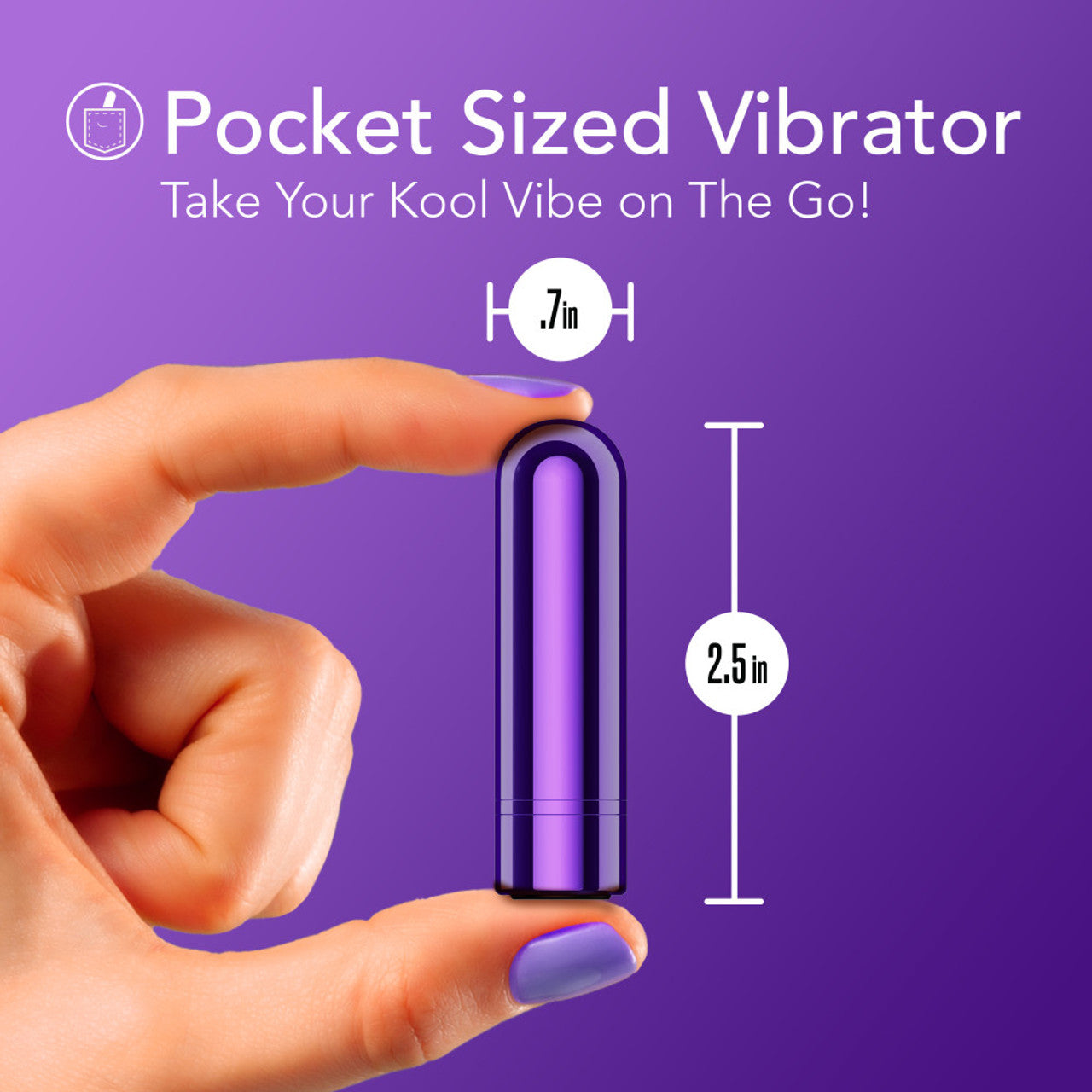 A purple mini bullet vibrator held by a hand, showing its dimensions.