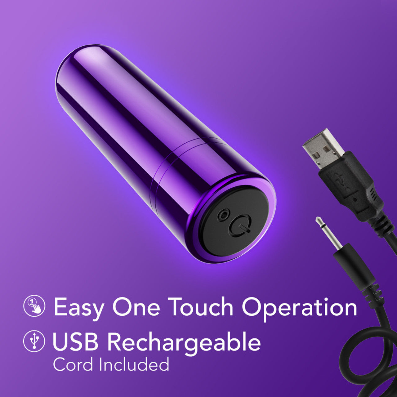 Purple USB rechargeable mini bullet vibrator with one-touch operation.