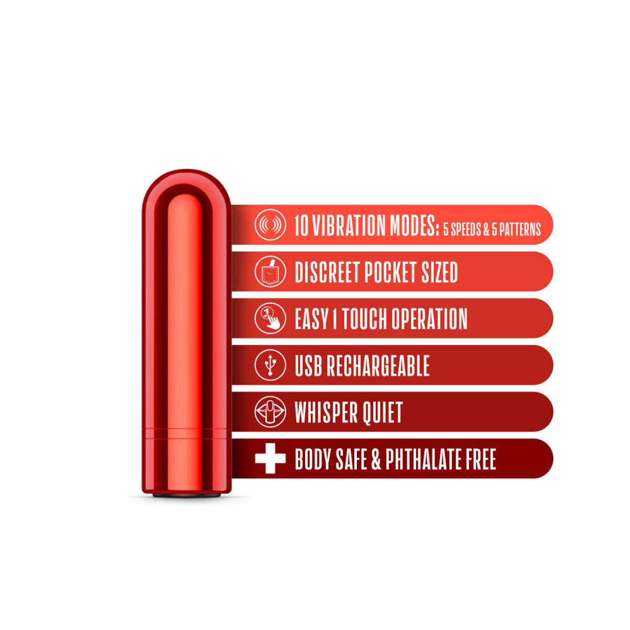 Red bullet vibrator with 10 vibration modes, USB rechargeable, and body safe.