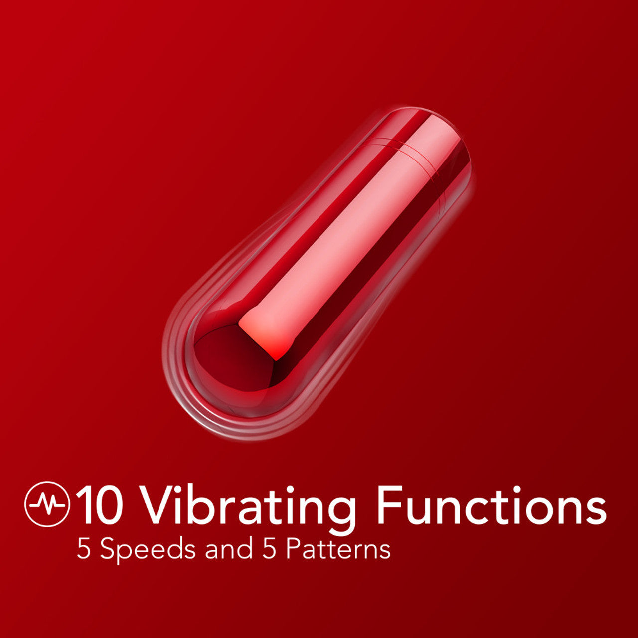 A red bullet vibrator with 10 vibrating functions, 5 speeds, and 5 patterns.