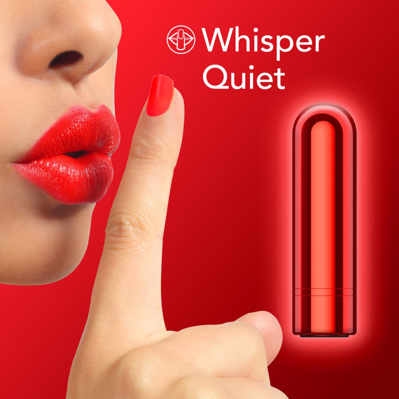 A red bullet vibrator with text that says "Whisper Quiet".