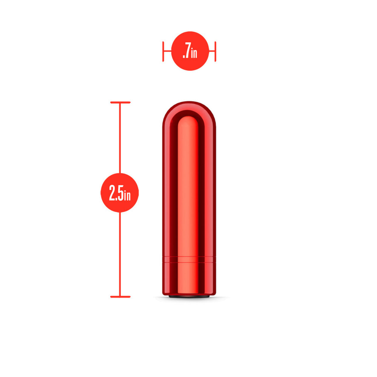 Red bullet vibrator measuring 2.5 inches long and 0.7 inches wide.
