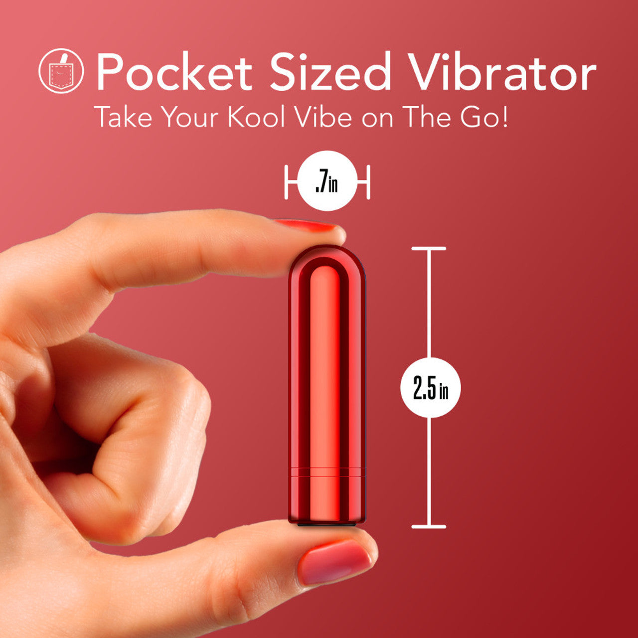 A small, red, bullet-shaped vibrator held between fingers, with dimensions indicated.