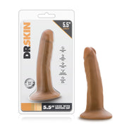 Realistic 5.5-inch mocha TPE dildo with suction cup base, shown in packaging.