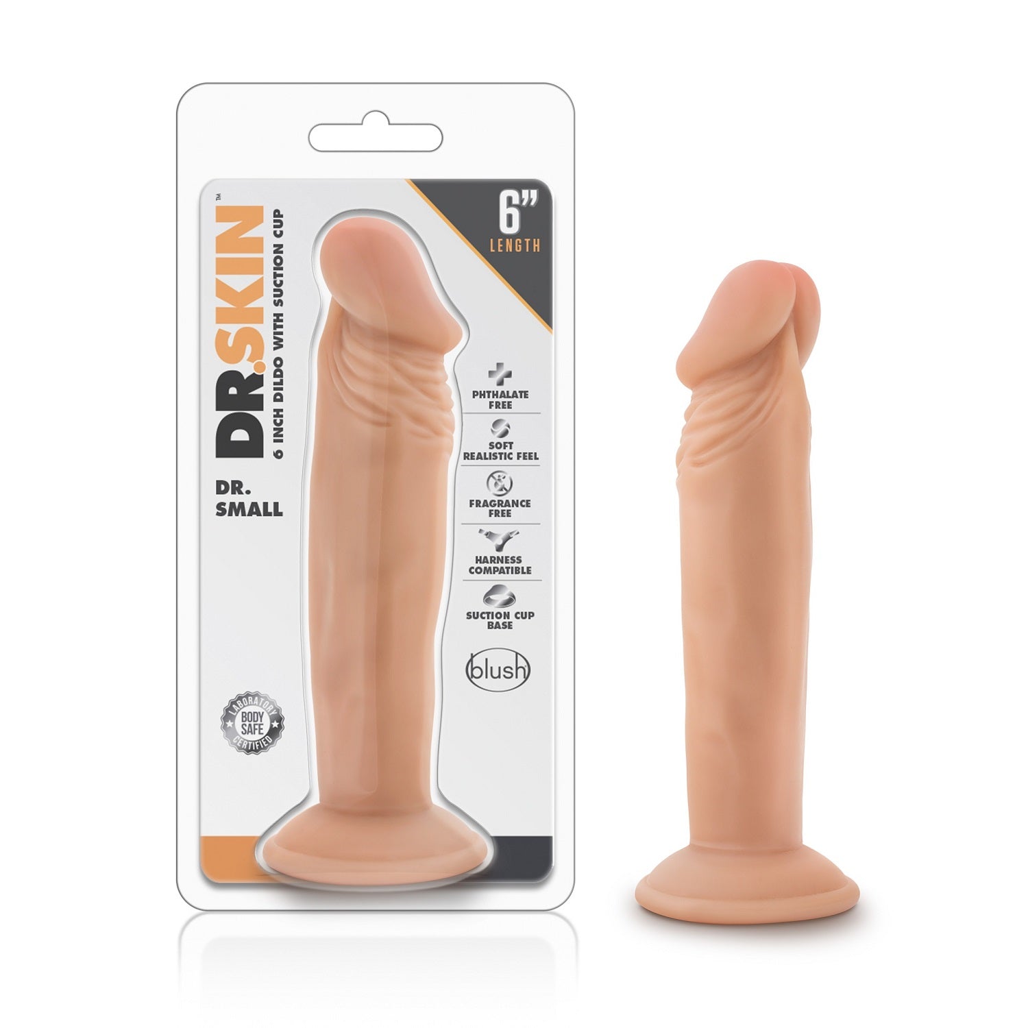 6-inch realistic TPE dildo with suction cup base from Dr. Skin, shown in packaging and out.