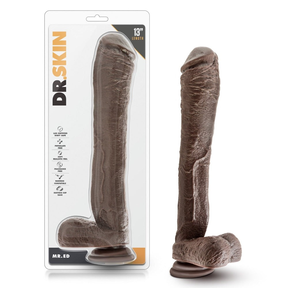 Realistic 13-inch chocolate dildo with suction cup base.